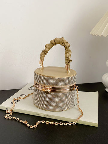 1pc Mini Fashionable Rhinestone Inlaid Hard Shell Cylinder Handbag With Long Chain Strap For Party, Dance, Wedding