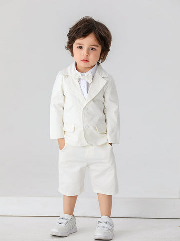 Young Boy Gentleman Suit 2pcs White Long Sleeve Blazer Jacket And Shorts, Stylish And Handsome, Suitable For Birthday Parties, Evening Parties, Weddings, Banquets, And Performances