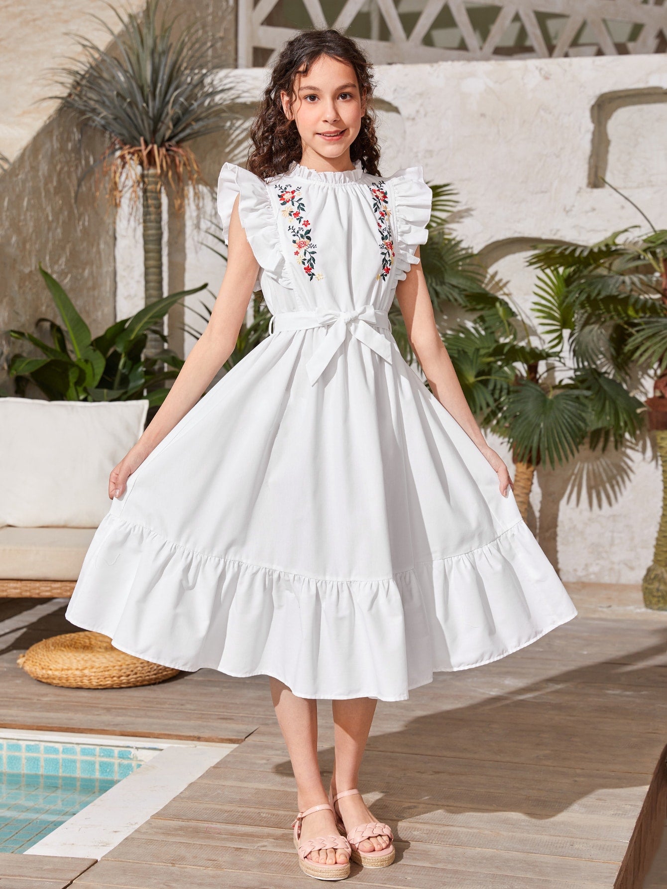 Teen Girls Floral Embroidery Ruffle Trim Belted Dress