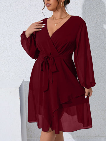 Plus Lantern Sleeve Overlap Collar Belted Chiffon Dress