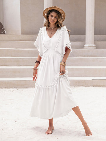 Rusttydustty Tassel Trim Ruffle Hem Dress