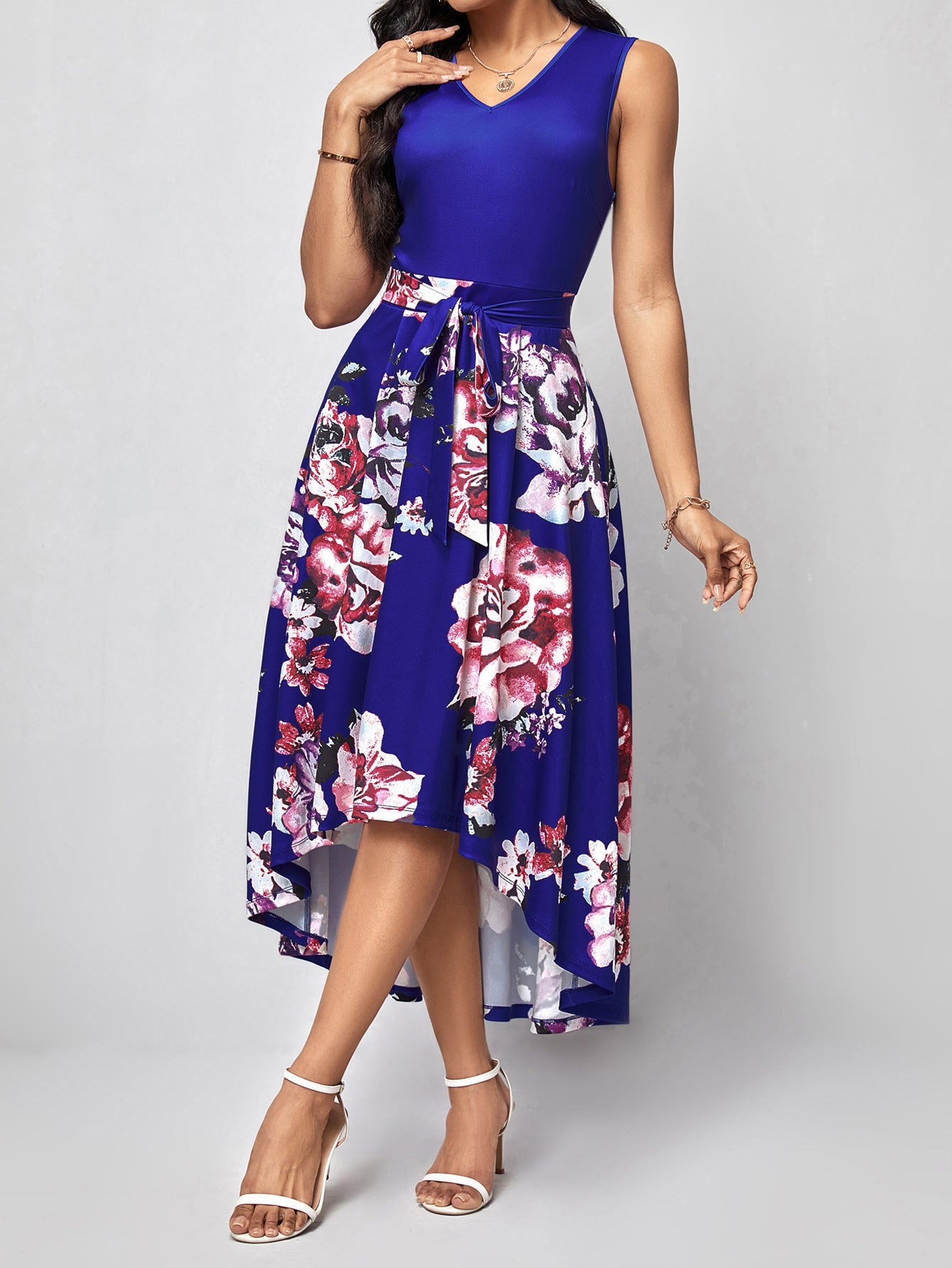 Floral Print High Low Hem Belted Dress