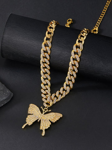 For Women Men Trendy Punk Hip Hop Style Rock Party Full Rhinestone Gorgeous Hip Hop Rhinestone Butterfly Pendant Necklace