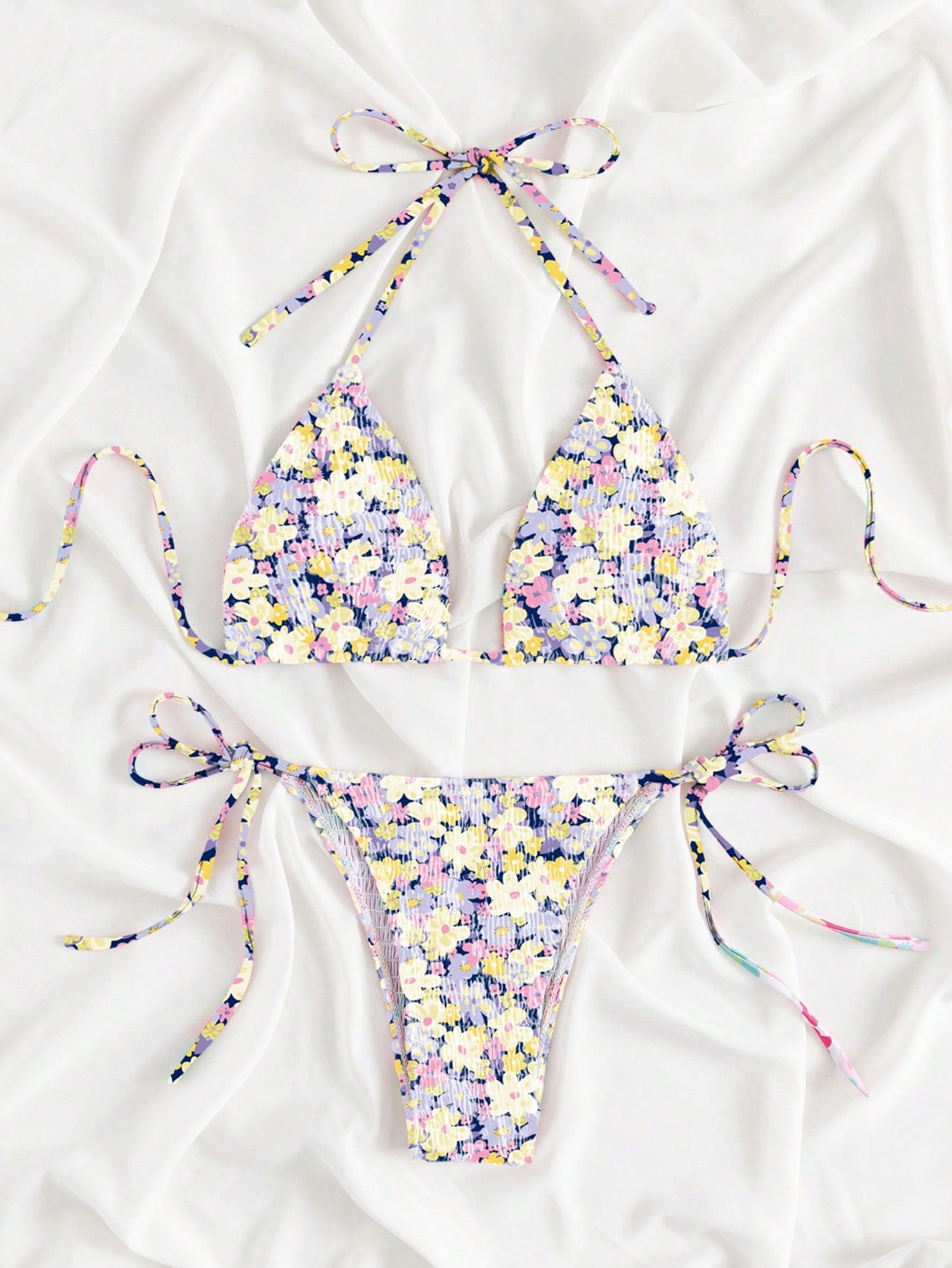 Summer Beach Ditsy Floral Print Halter Triangle Tie Side Bikini Set