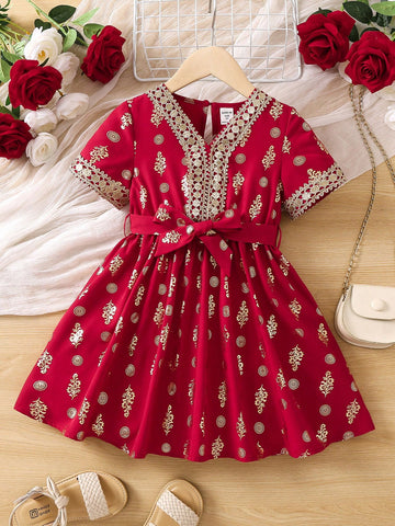 Young Girl Plants Print Contrast Guipure Lace Belted Dress