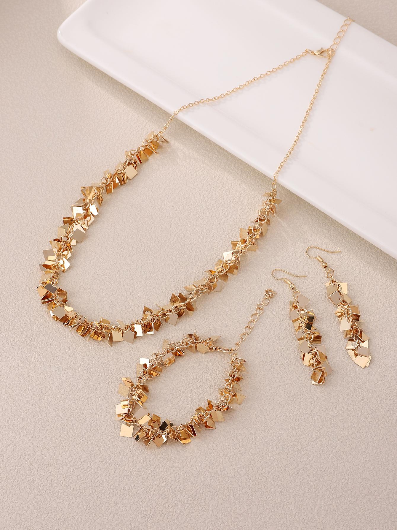 4pcs/set Vintage Elegant Gold Square Design Bracelet, Earrings And Necklace Set For Party Dress Up