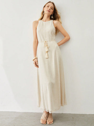 LINEN VISCOSE TASSEL BELT DRESS