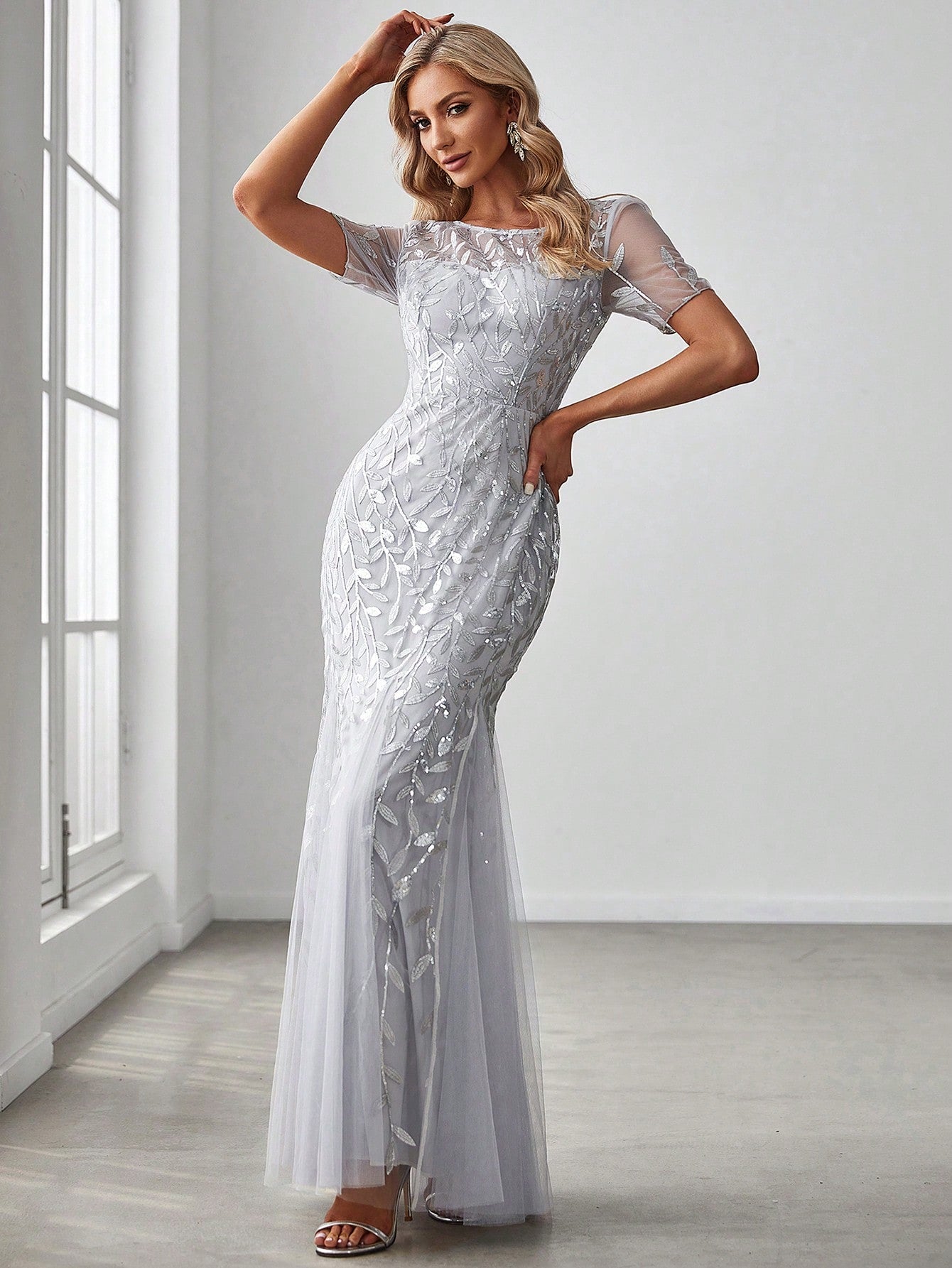 EVER-PRETTY Sequin Leaf Mesh Fishtail Hem Formal Evening Gown