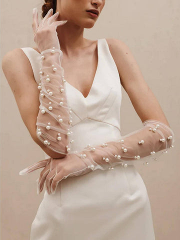 1pair Women Faux Pearl Decor Elegant Gloves, For Party