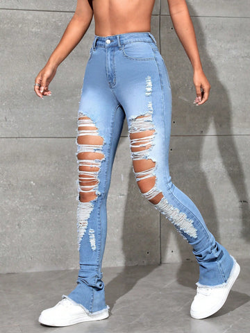 Ripped Cut Out Raw Hem Flare Leg Jeans