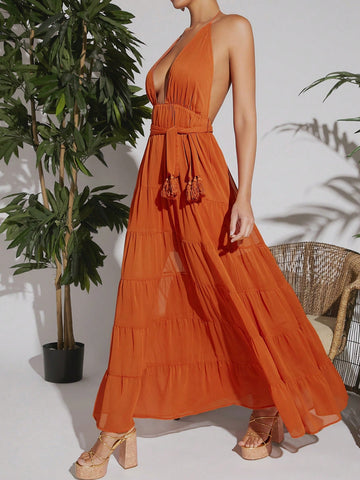 Plunging Neck Backless Tassel Belted Ruffle Hem Dress