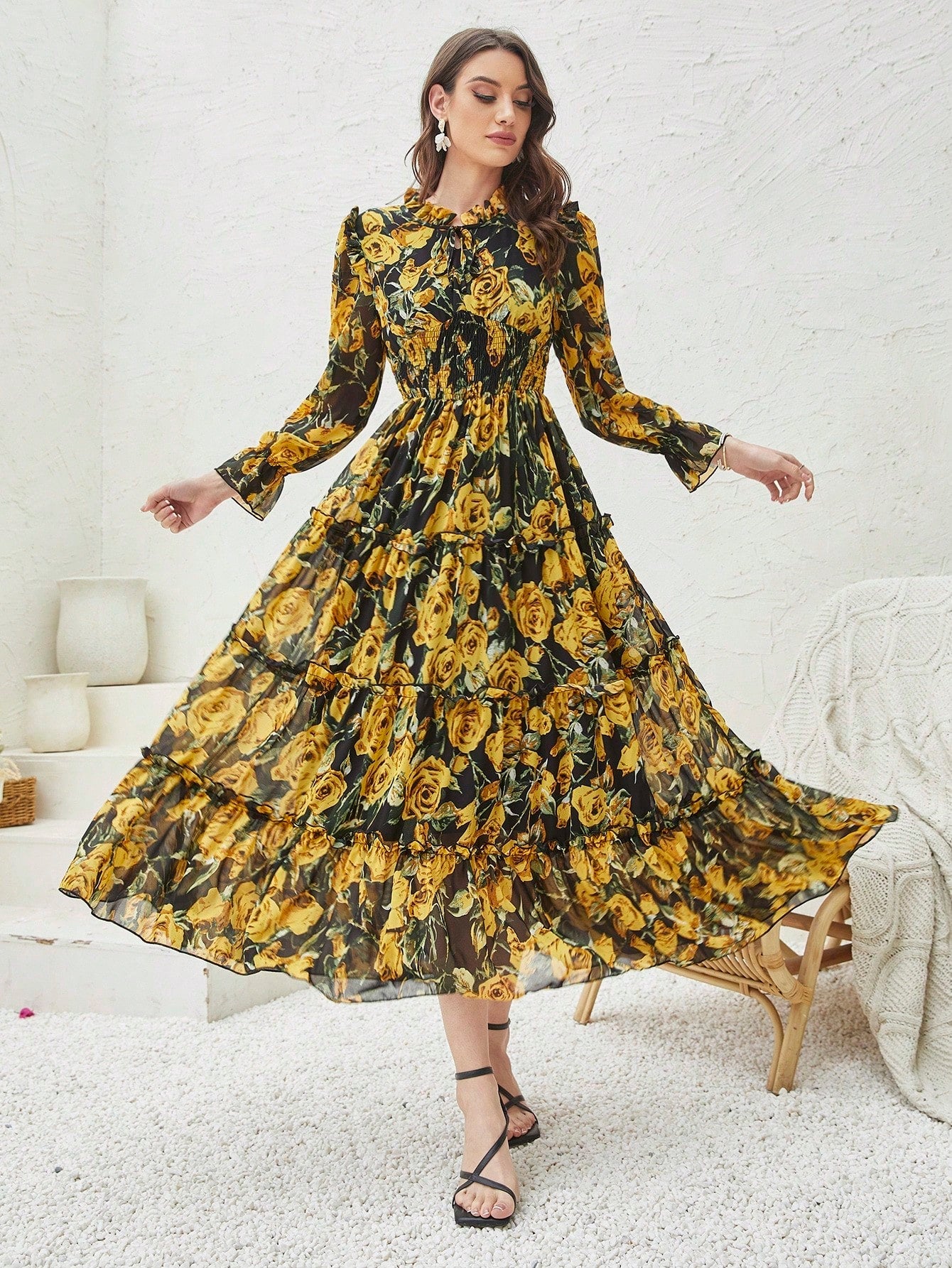 Floral Print Flounce Sleeve Ruffle Hem Dress