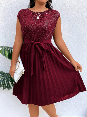 Plus Contrast Sequin Pleated Hem Belted Dress