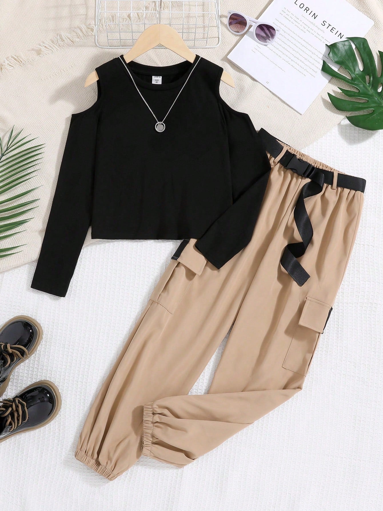 Tween Girl Street Style Knit Solid Color Cold Shoulder Long Sleeve Top And Wide Leg Pants Casual Outfit