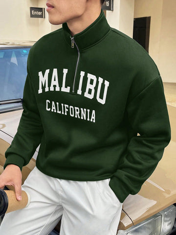 Men's Loose Half Zip Drop Shoulder Letter Graphic Sweatshirt