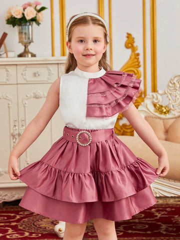 Young Girl 1pc Two Tone Ruffle Trim Top & 1pc Belted Skirt