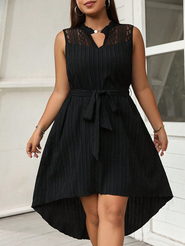 Plus Contrast Lace High Low Hem Belted Dress