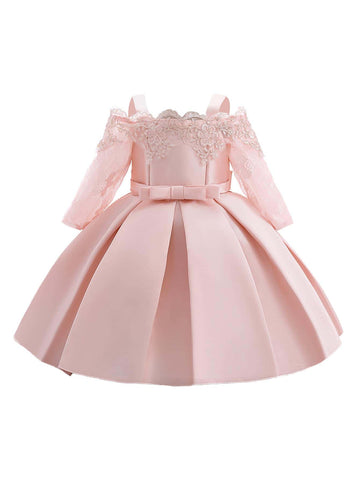 Young Girl Solid Satin & Lace Patchwork Waist Bowknot Decorated Elegant And Gorgeous Dress Suitable For Birthday Party