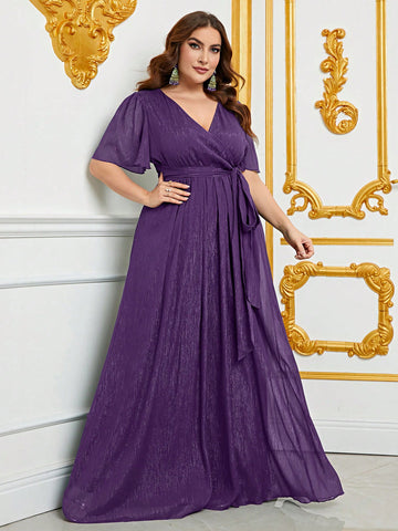 Plus Surplice Neck Glitter Bridesmaid Dress