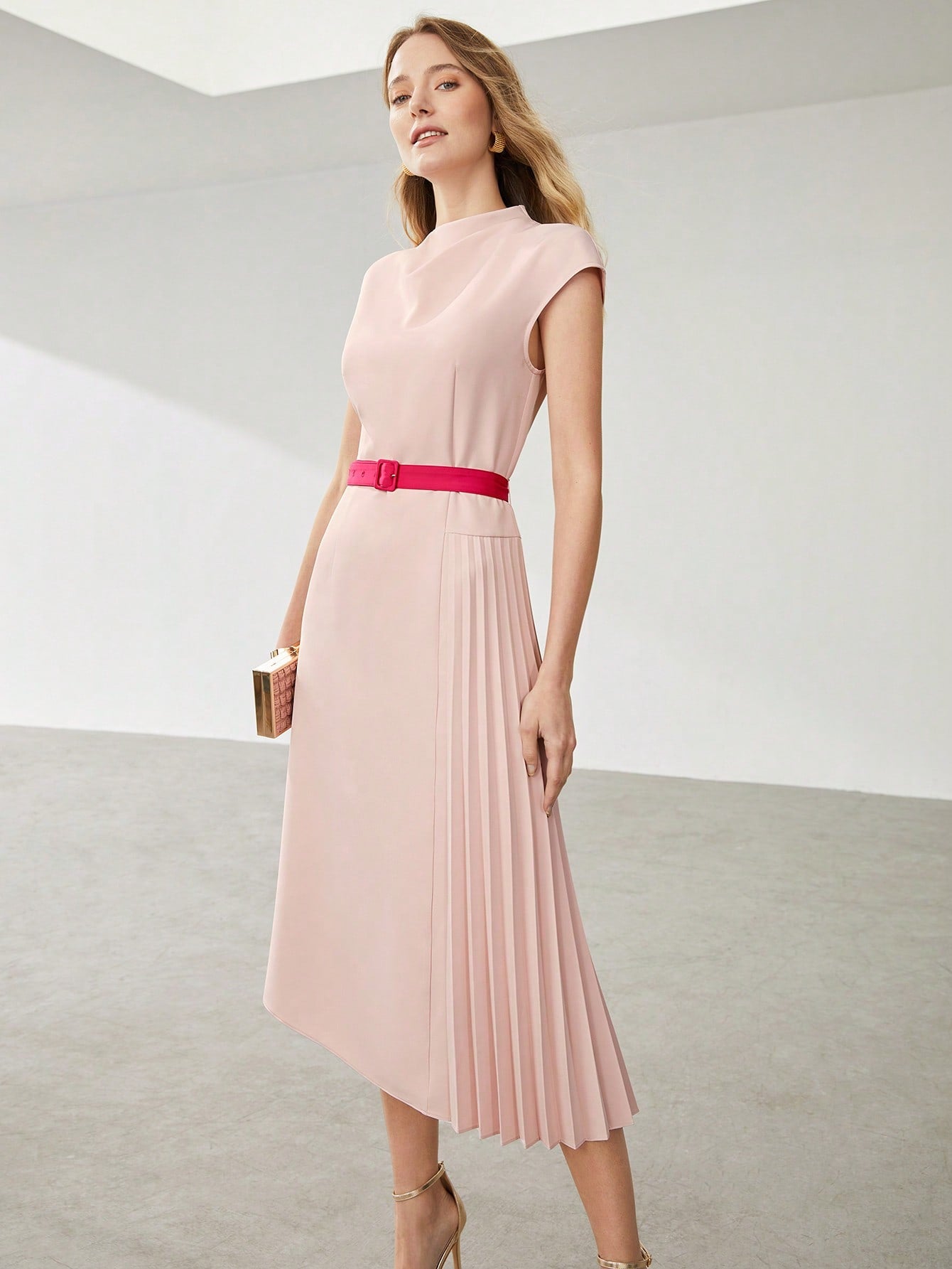 BELTED PLEATED MIDI DRESS