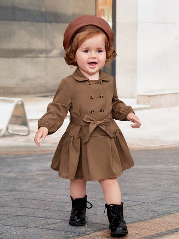 Baby Girl Brown Collar Dress With Double-Breasted Buttons, Waist Belt, Long Sleeves And Loose Hem For Retro Elegance