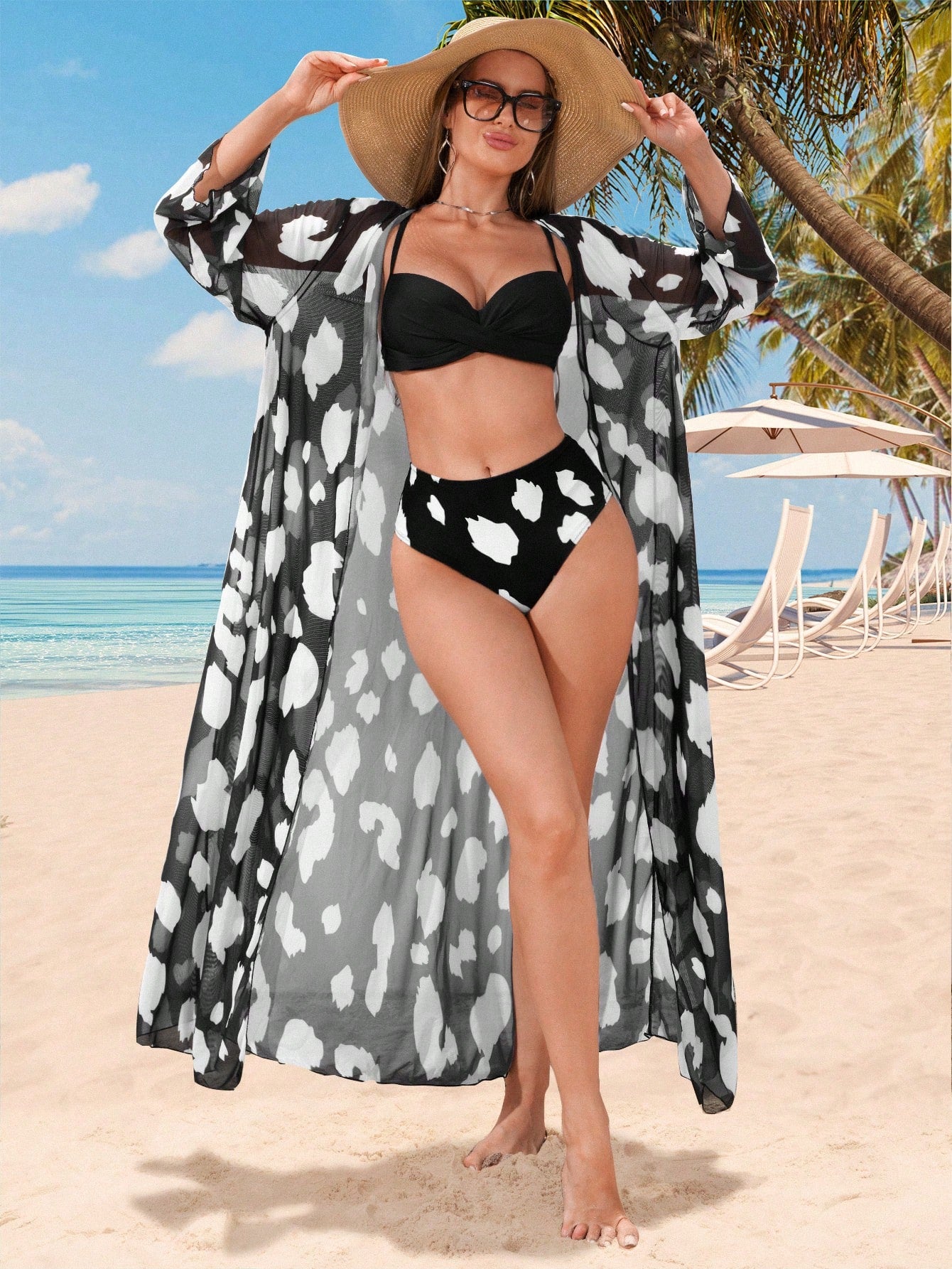 Graphic Print Bikini Set For Summer Beach With Kimono