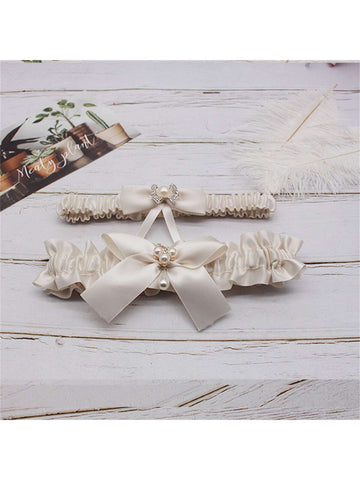 1pair European And American Style Faux Pearl & Rhinestone Decor Garter Belt With Satin Ribbon, Bow Knot Leg Chain For Wedding & Party Accessories