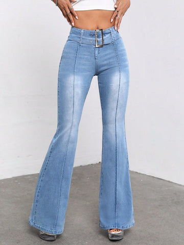 Grommet Belted Flare Leg Jeans