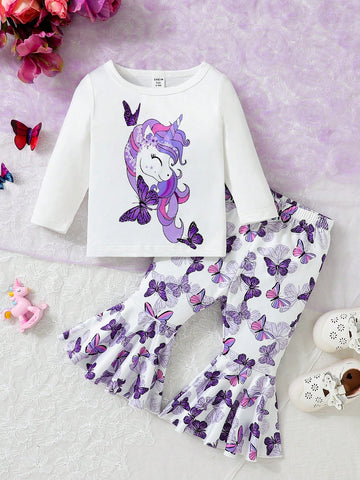 Baby Girl Unicorn Print Tee & Butterfly Print Flare Leg Pants