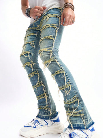 Men Ripped Frayed Raw Trim Jeans