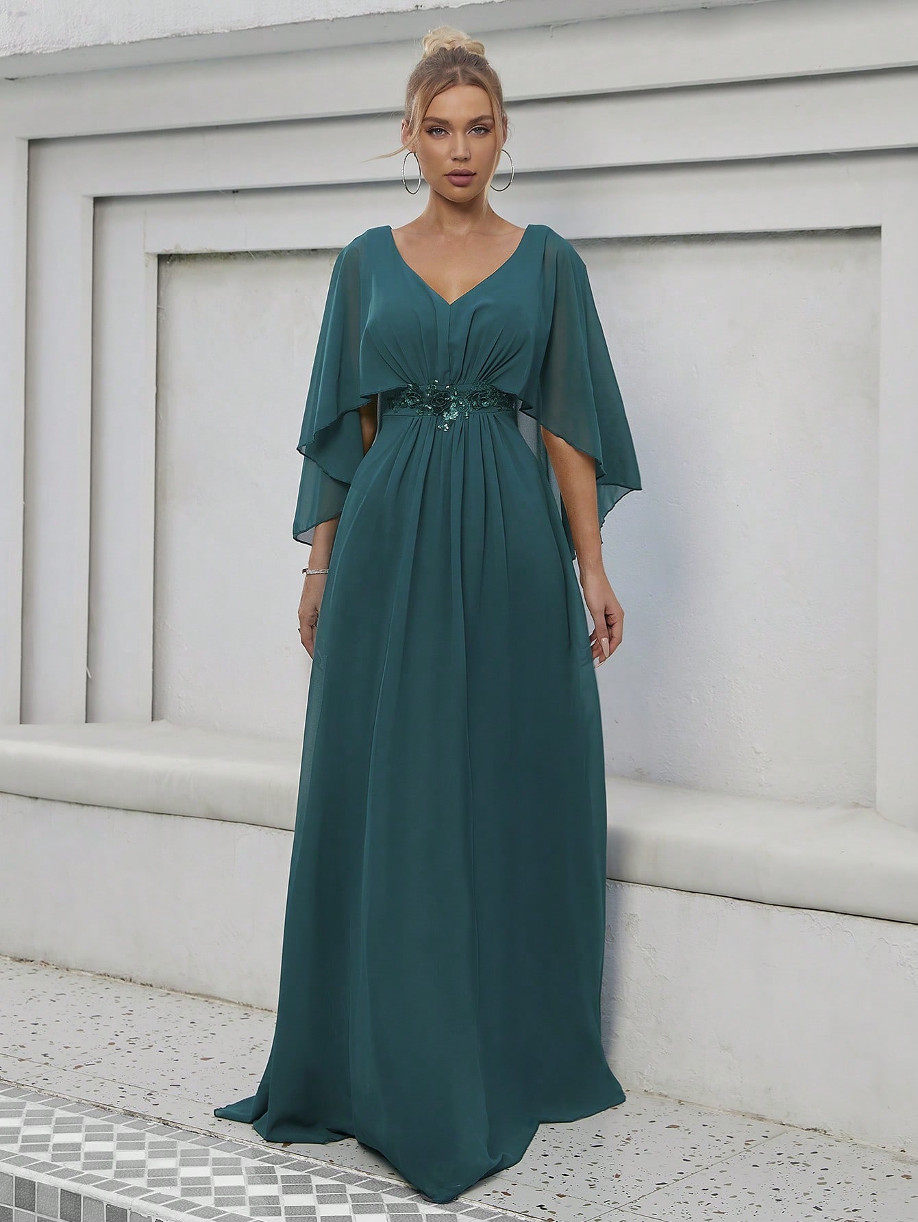 Cloak Sleeve Appliques Detail Chiffon Bridesmaid Dress