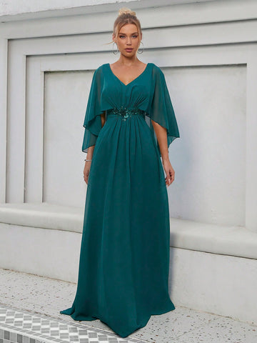 Cloak Sleeve Appliques Detail Chiffon Bridesmaid Dress