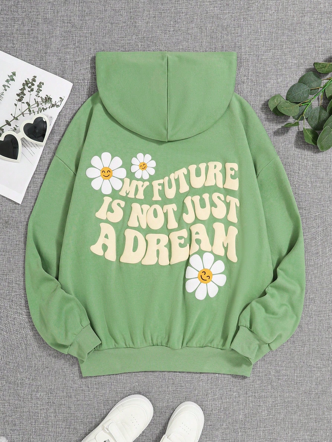 Teen Girl Floral & Slogan Graphic Drop Shoulder Hoodie