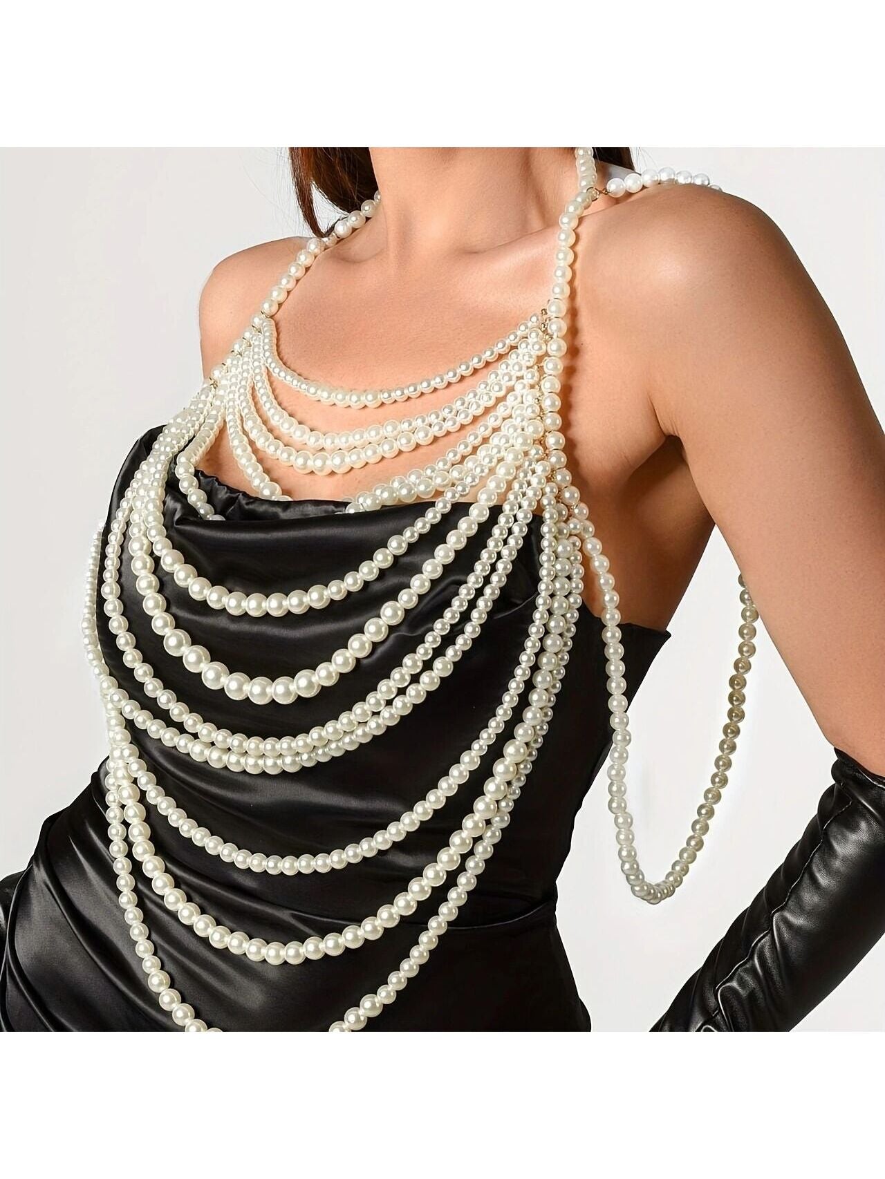 1pc Fashionable Faux Pearl Multi-Layer Sweater Chain Beaded Body Chain For Women, Party Wear