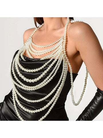 1pc Fashionable Faux Pearl Multi-Layer Sweater Chain Beaded Body Chain For Women, Party Wear