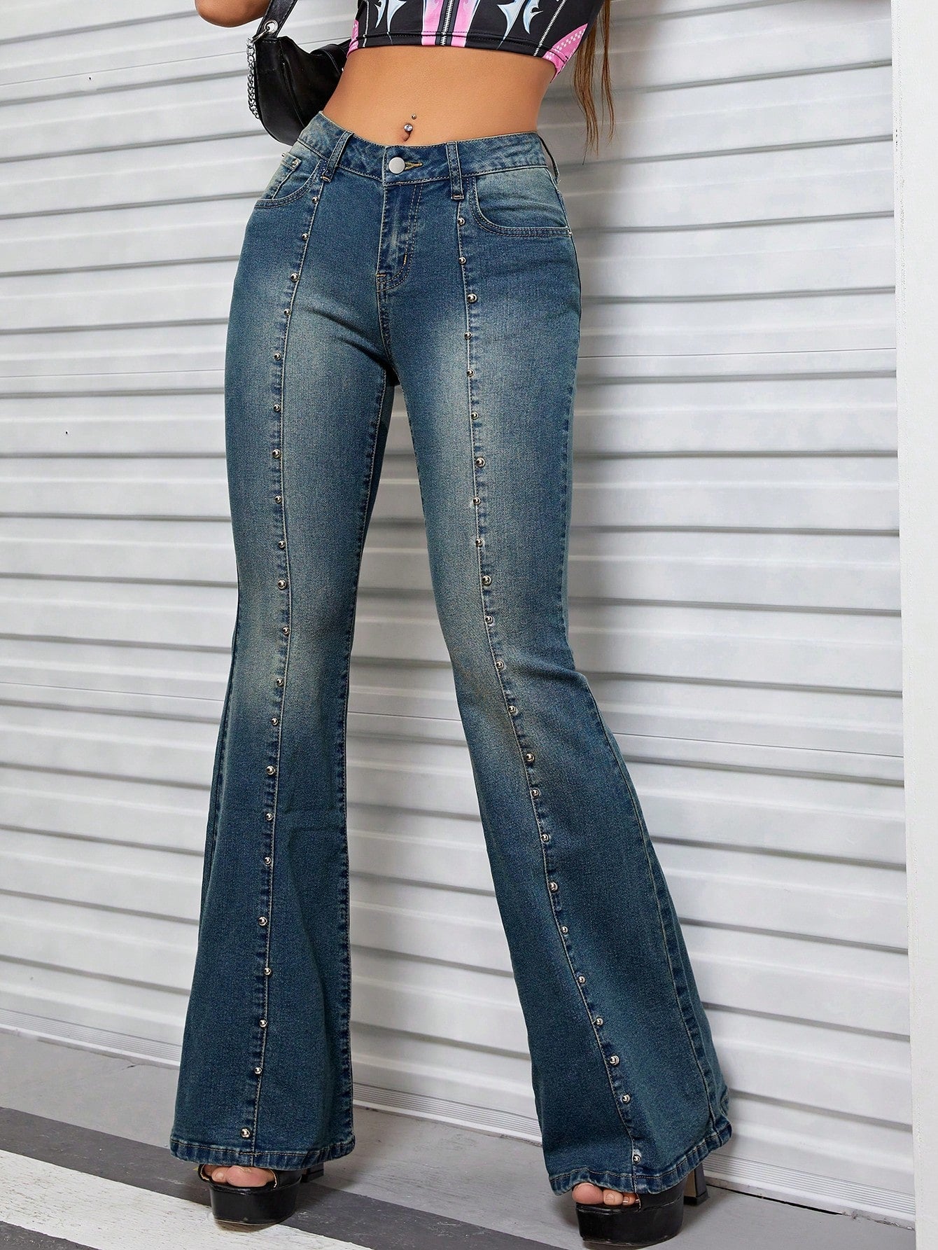 Studded Beaded Flare Leg Jeans