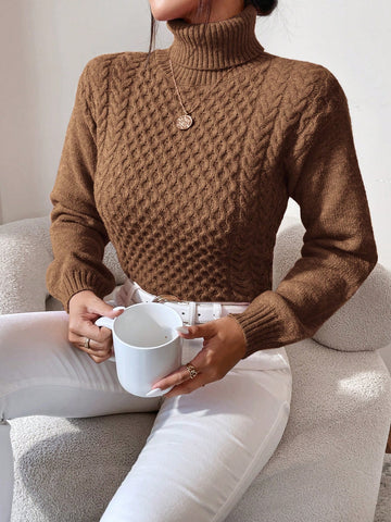 Turtleneck Cable Knit Drop Shoulder Sweater