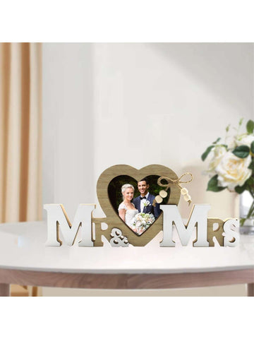 1pc Mr & Mrs Wedding Decorations with Heart Photo Frame, Wedding Gifts for Bride and Groom, Wedding Table Decoration Wooden Sign for Engagement Party, Anniversary, Reception, Photography Accessories