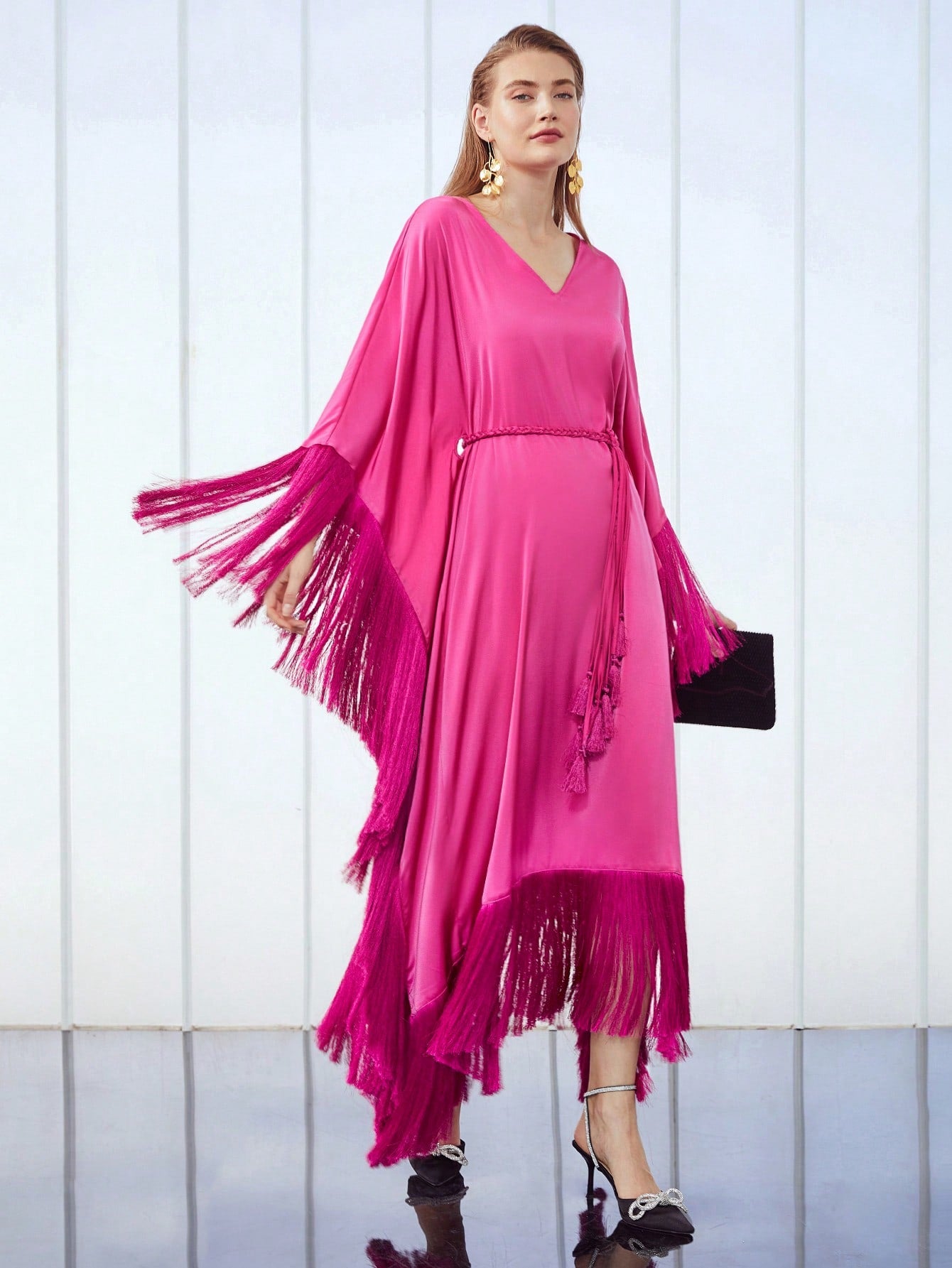 BELTED FRINGE KAFTAN DRESS