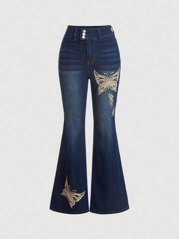 Butterfly Print Flare Leg Jeans