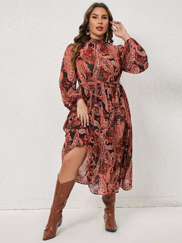 Plus Paisley Print Lantern Sleeve Belted Dress