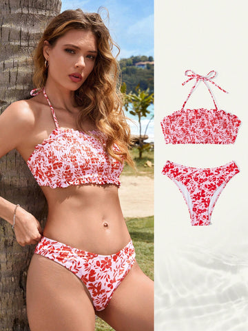 Floral Print Halter Bikini Set For Summer Beach