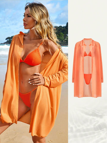 Plain Triangle Bikini Set For Summer Beach With Kimono