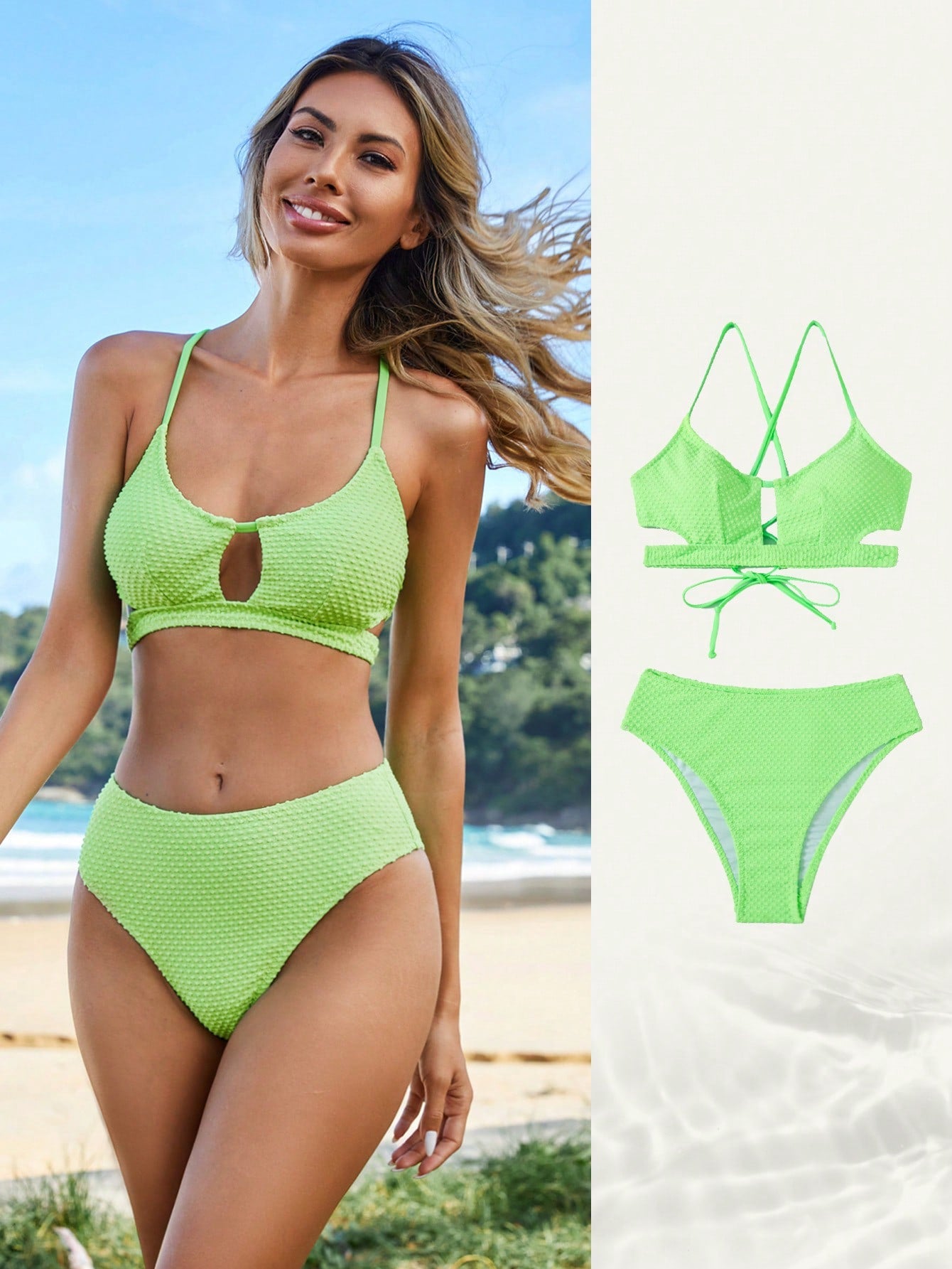 Solid Cut Out Bikini Set For Summer Beach