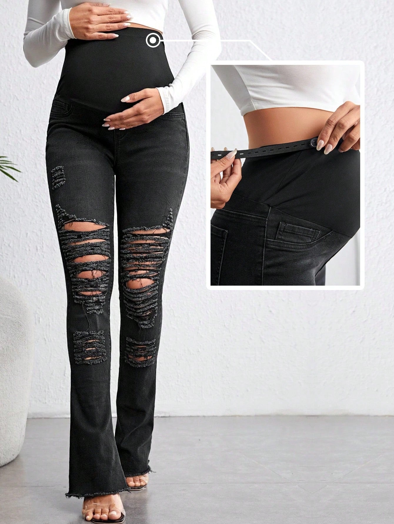 Maternity Adjustable Waist Ripped Frayed Flare Leg Jeans