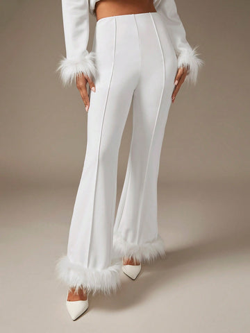 Fuzzy Trim Flare Leg Pants