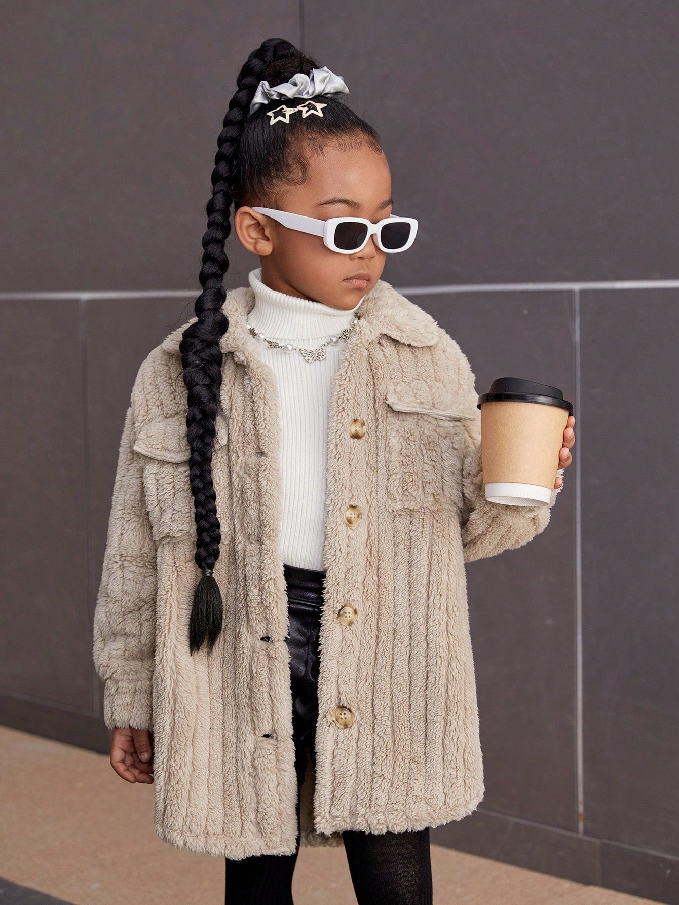 Young Girl Flap Pocket Drop Shoulder Teddy Coat