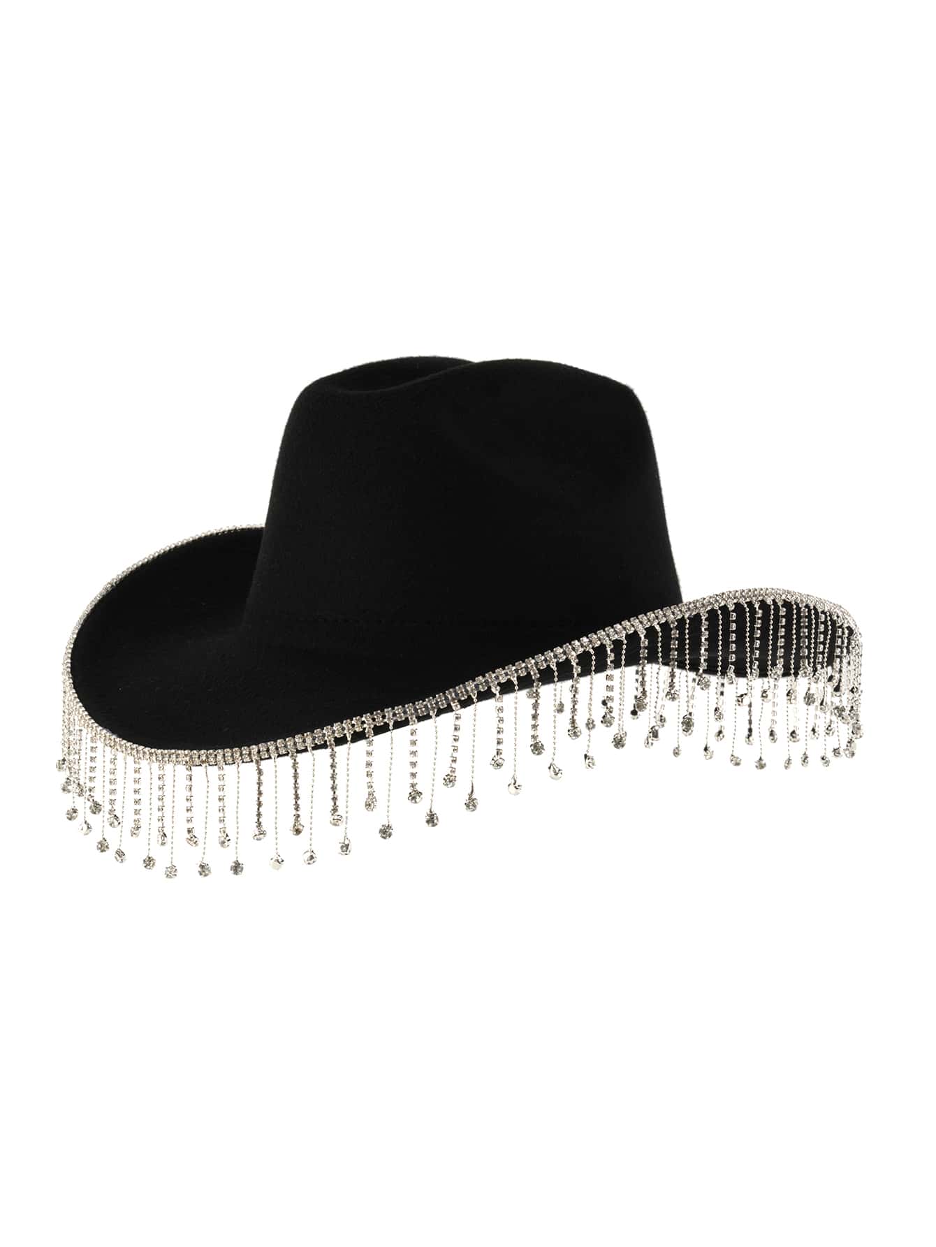 1pc Black Western Cowboy Hat For Women With Rhinestone And Tassel Decor, Y2k Style, Soft Wool Blend Hat, Fashionable Accessory For Party Celebration