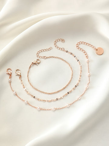 3pcs Simple & Elegant Rose Gold-Tone Faux Pearl Chain Bracelet Set For Women, Daily Wear, Party, Wedding