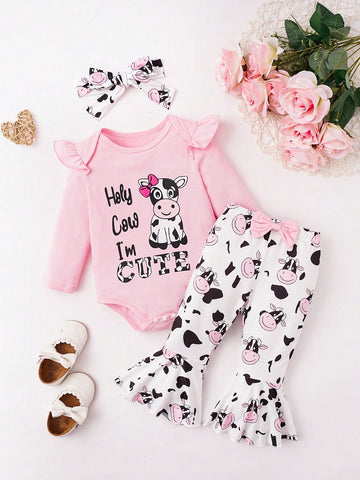 Baby Girl Cow & Slogan Graphic Ruffle Trim Bodysuit & Flare Leg Pants & Headband